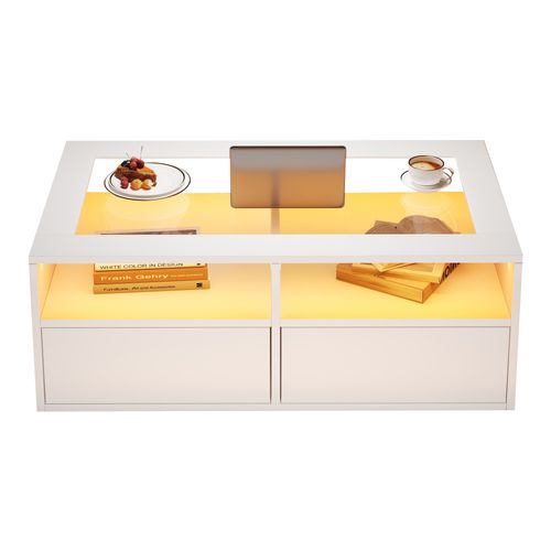 Table Basse Salon 100x50x35 Cm, Verre Blanc, Avec LED, 2 Tiroirs Et 2 Niveaux,