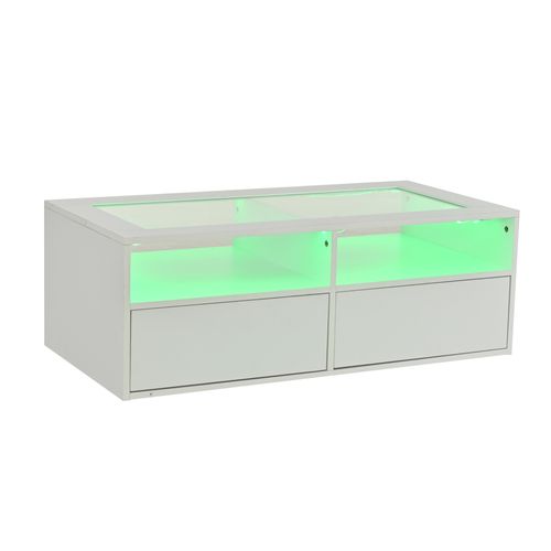 Table Basse Salon 100x50x35 Cm, Verre Blanc, Avec LED, 2 Tiroirs Et 2 Niveaux,
