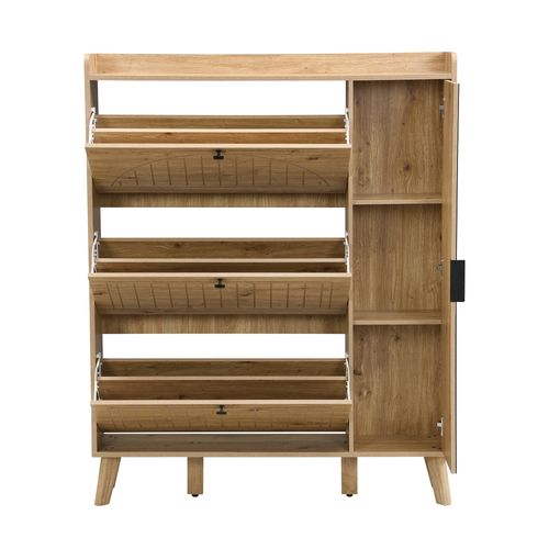 Meuble à Chaussures Couleur Bois 110×24×137,5 Cm, 3 Abattants Et Miroir, Rangement Entrée