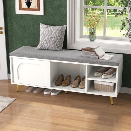 Meuble à Chaussure Blanc Avec Banc Avec 2 Portes Coulissantes Et Coussin Gris