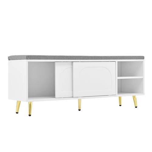 Meuble à Chaussure Blanc Avec Banc Avec 2 Portes Coulissantes Et Coussin Gris