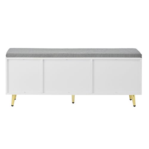 Meuble à Chaussure Blanc Avec Banc Avec 2 Portes Coulissantes Et Coussin Gris