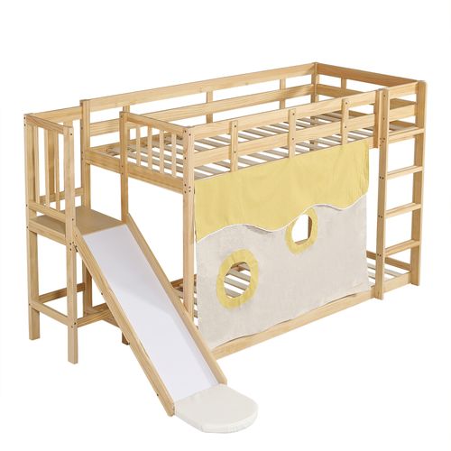Lit Superposé Enfant 90x200 Cm Avec Toboggan, Barrières Et Rideaux En Pin Naturel