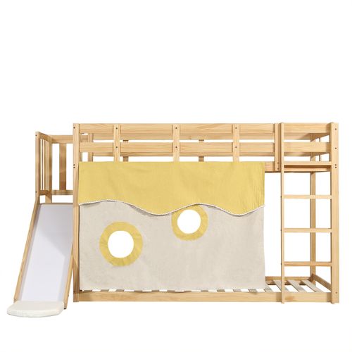 Lit Superposé Enfant 90x200 Cm Avec Toboggan, Barrières Et Rideaux En Pin Naturel
