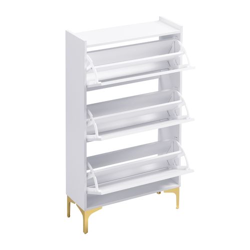 Meuble à Chaussures 63 X 24 X 120 Cm, 3 Niveaux De Rangement, Blanc, Pieds Métal Doré