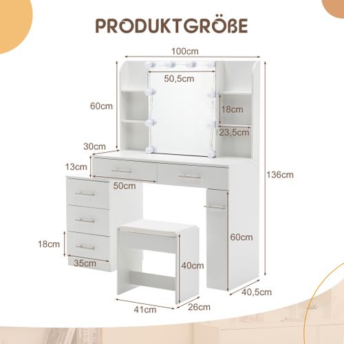 Ensemble Coiffeuse Et Tabouret Blanc Miroir LED 10 Ampoules, 3 Tiroirs Modulables Et Étagères