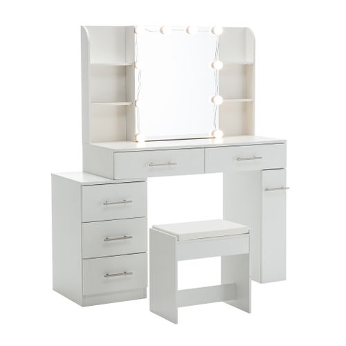 Ensemble Coiffeuse Et Tabouret Blanc Miroir LED 10 Ampoules, 3 Tiroirs Modulables Et Étagères