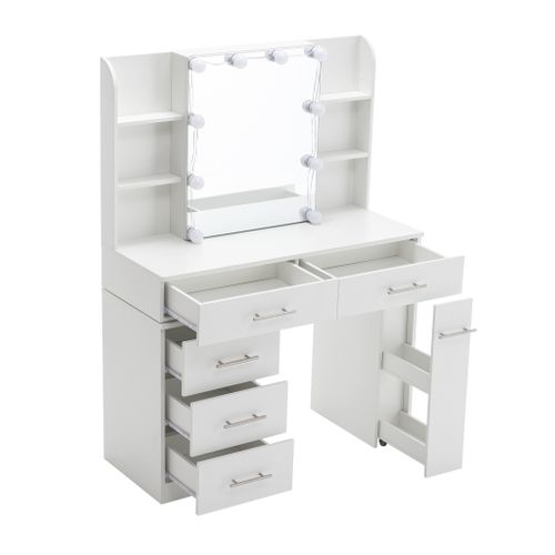 Ensemble Coiffeuse Et Tabouret Blanc Miroir LED 10 Ampoules, 3 Tiroirs Modulables Et Étagères
