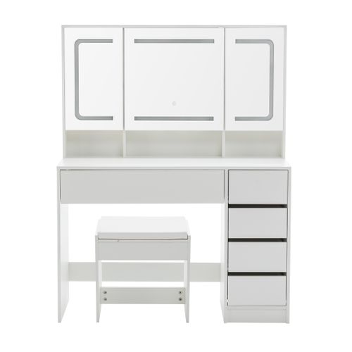 Ensemble Coiffeuse Et Tabouret Avec Grand Miroir LED Hd, 5 Tiroirs Rangement Intégré - Blanc