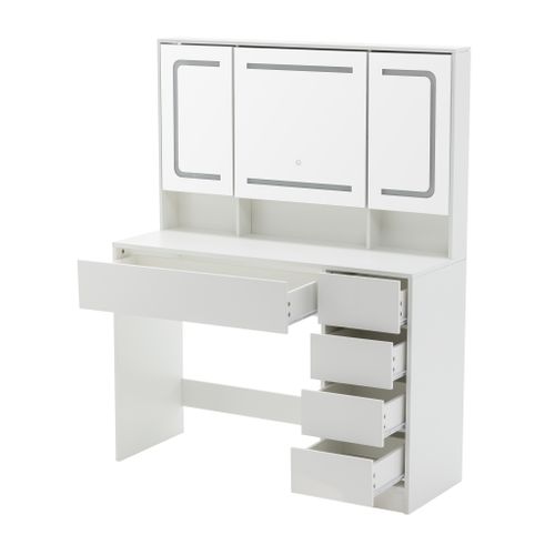 Ensemble Coiffeuse Et Tabouret Avec Grand Miroir LED Hd, 5 Tiroirs Rangement Intégré - Blanc