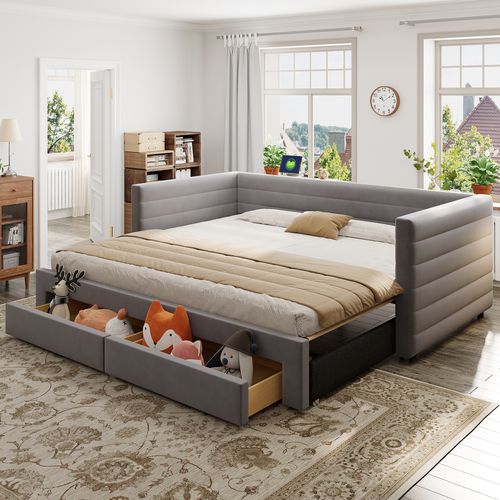 Lit Enfant Gigogne 90x190 Cm Convertible 180x190 Cm Avec 2 Tiroirs, Lin Gris