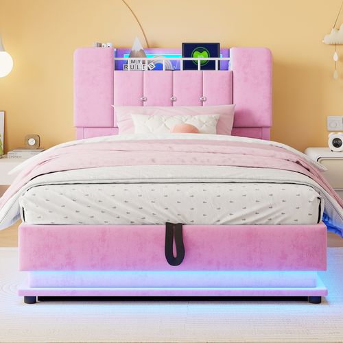 Lit Enfant LED 90x200 Cm Avec Coffre, Ports USB Et Tête à Rangements, Velours Rose