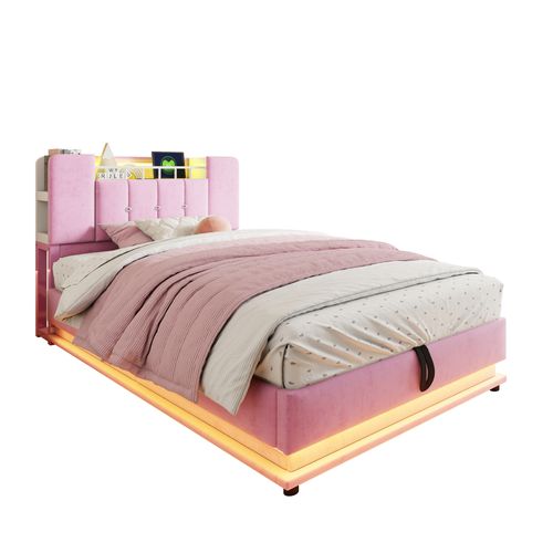 Lit Enfant LED 90x200 Cm Avec Coffre, Ports USB Et Tête à Rangements, Velours Rose