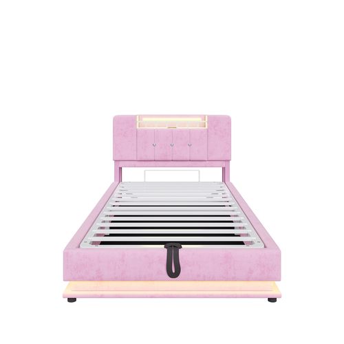 Lit Enfant LED 90x200 Cm Avec Coffre, Ports USB Et Tête à Rangements, Velours Rose