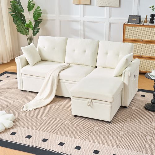 Canapé D'angle Convertible 3 Places En Chenille Beige, Coffre Et Rangements, Méridienne Réversible