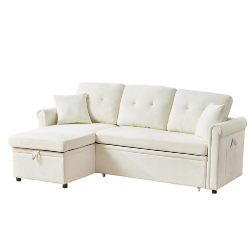 Canapé D'angle Convertible 3 Places En Chenille Beige, Coffre Et Rangements, Méridienne Réversible