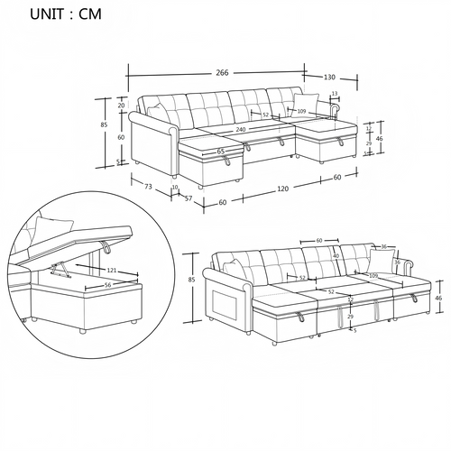 Canapé D'angle Convertible 4 Places 266 Cm Avec Coffres De Rangements Et Poches, Chenille Beige