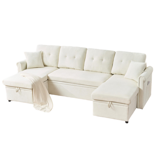 Canapé D'angle Convertible 4 Places 266 Cm Avec Coffres De Rangements Et Poches, Chenille Beige