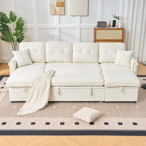 Canapé D'angle Convertible 4 Places 266 Cm Avec Coffres De Rangements Et Poches, Chenille Beige