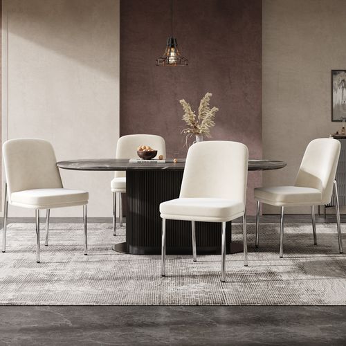 Lot De 4 Chaises Salle à Manger Velours Beige, Cadre Métal Argenté, Assise Épaisse