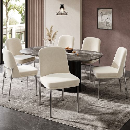 Lot De 4 Chaises Salle à Manger Velours Beige, Cadre Métal Argenté, Assise Épaisse