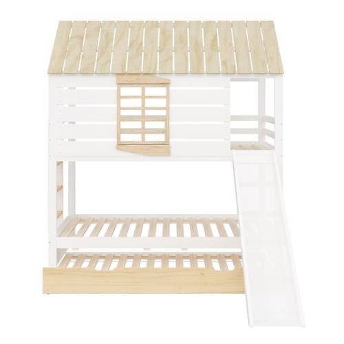 Lit Superposé 90x200 Cm Avec Lit Gigogne 90x190 Cm Pin Blanc, Cabane Enfant Et Toboggan