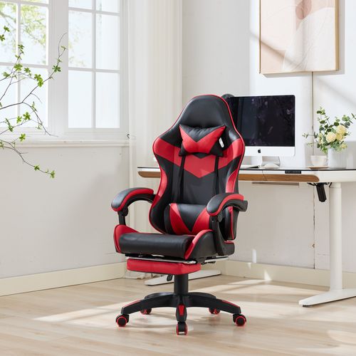 Fauteuil De Bureau Gamer Massant Ergonomique En Simili Noir Et Rouge, Hauteur Réglable