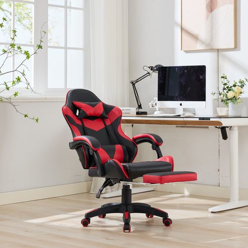 Fauteuil De Bureau Gamer Massant Ergonomique En Simili Noir Et Rouge, Hauteur Réglable