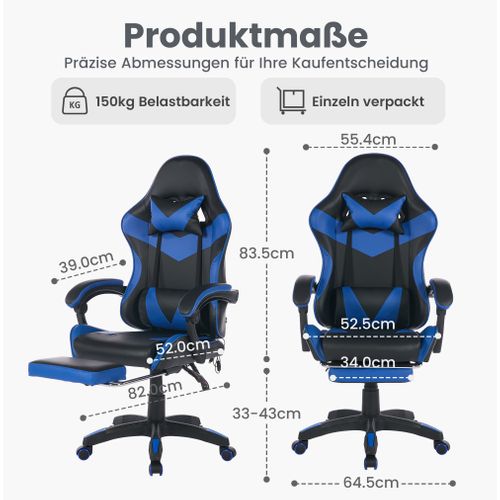 Fauteuil De Bureau Gamer Massant Ergonomique En Simili Noir Et Bleu, Hauteur Réglable