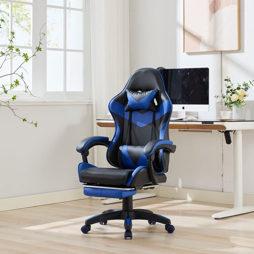 Fauteuil De Bureau Gamer Massant Ergonomique En Simili Noir Et Bleu, Hauteur Réglable
