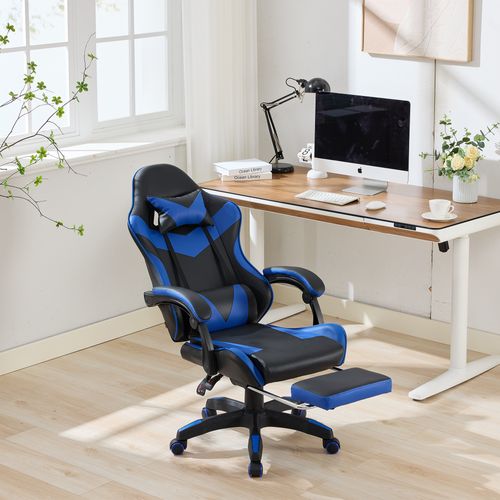 Fauteuil De Bureau Gamer Massant Ergonomique En Simili Noir Et Bleu, Hauteur Réglable