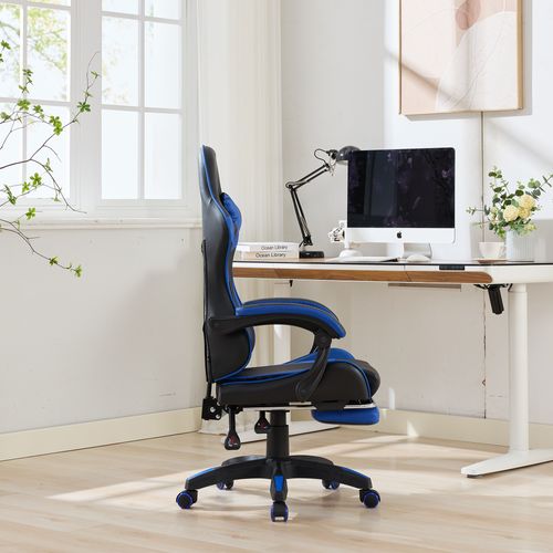 Fauteuil De Bureau Gamer Massant Ergonomique En Simili Noir Et Bleu, Hauteur Réglable