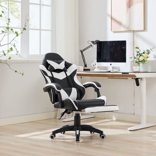 Fauteuil De Bureau Gamer Massant Ergonomique En Simili Blanc Et Noir, Hauteur Réglable