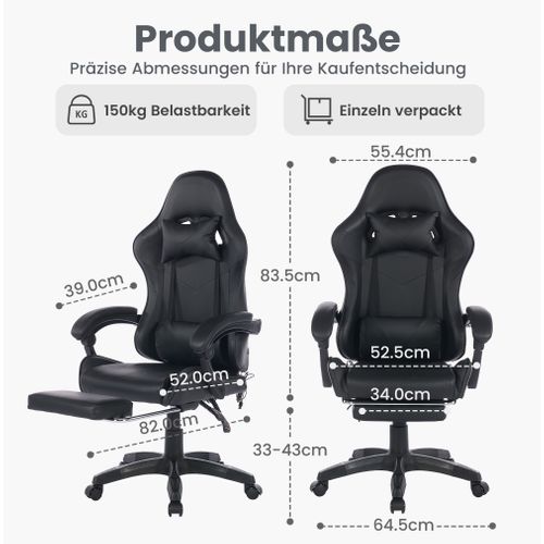 Fauteuil De Bureau Gamer Massant Ergonomique En Simili Noir, Hauteur Réglable