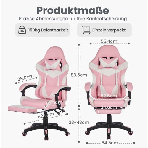 Fauteuil De Bureau Gamer Massant Ergonomique En Simili Rose Et Blanc, Hauteur Réglable