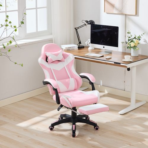 Fauteuil De Bureau Gamer Massant Ergonomique En Simili Rose Et Blanc, Hauteur Réglable