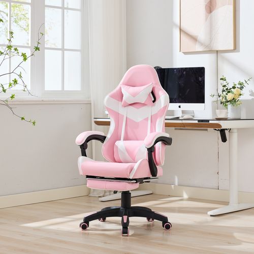 Fauteuil De Bureau Gamer Massant Ergonomique En Simili Rose Et Blanc, Hauteur Réglable