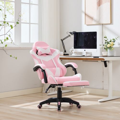 Fauteuil De Bureau Gamer Massant Ergonomique En Simili Rose Et Blanc, Hauteur Réglable