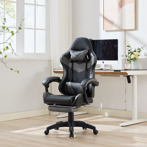 Fauteuil De Bureau Gamer Massant Ergonomique En Simili Noir Et Gris, Hauteur Réglable