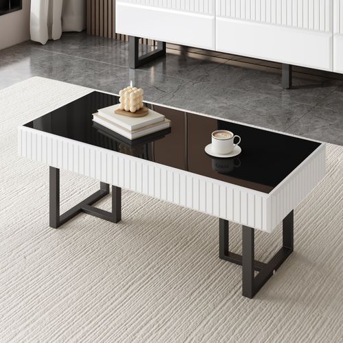 Table Basse 110 X 50,5 X 41 Cm Noir Et Blanc, Plateau Noir Laqué, Piétement Métal