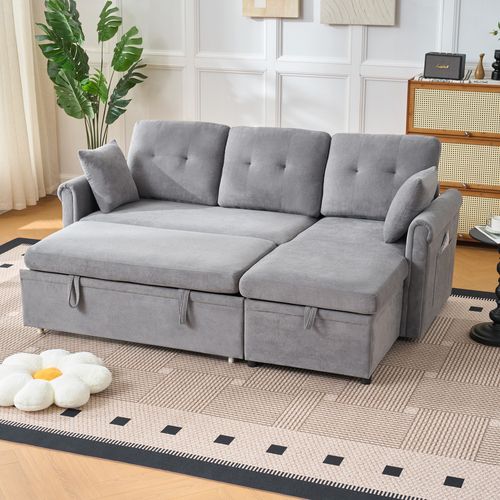 Canapé D'angle Convertible 3 Places En Chenille Gris, Coffre Et Rangements, Méridienne Réversible