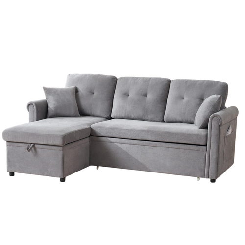 Canapé D'angle Convertible 3 Places En Chenille Gris, Coffre Et Rangements, Méridienne Réversible