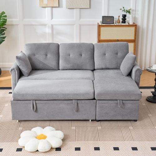 Canapé D'angle Convertible 3 Places En Chenille Gris, Coffre Et Rangements, Méridienne Réversible