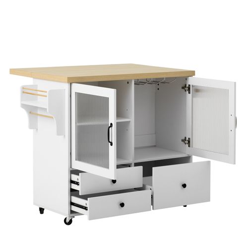 Desserte à Roulette Blanche Et Bois Extensible, Îlot De Cuisine Avec 3 Tiroirs Et 2 Portes En Verre