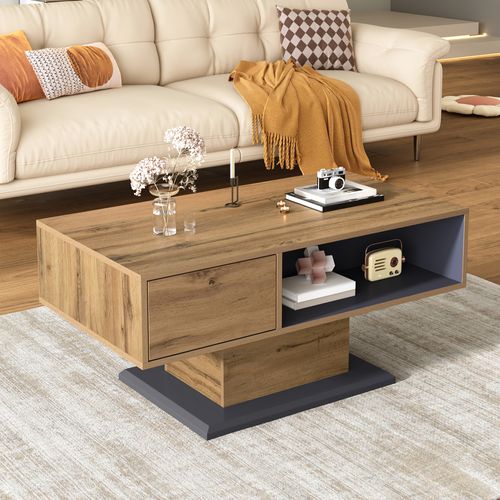 Table Basse Bois Et Gris 100 X 50 X 46,5 Cm, Double Rangement Et Compartiment Intérieur
