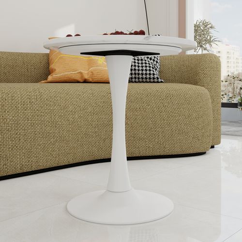 Table Bout de Canapé Ronde 70 Cm, Blanc, Marbre Artificiel – Petite Table 1 à 2 Personnes