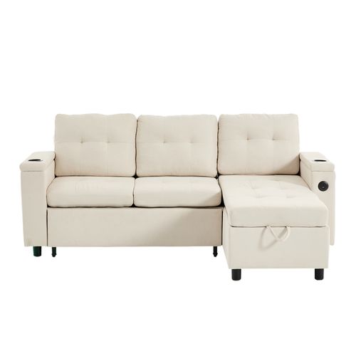 Canapé D'angle Convertible LED 3 Places Avec Coffre Rangements, Ports USB/type-c, Tissu Beige