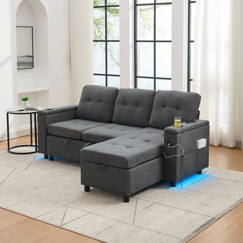 Canapé D'angle Convertible 3 Places En Tissu Gris Avec LED, Coffre De Rangement, Ports USB