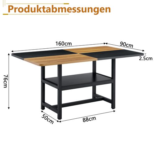 Table à Manger Bois Et Noir 160x90 Cm Pour 4-6 Personnes, Pieds Métal, Avec Étagère Intégrée