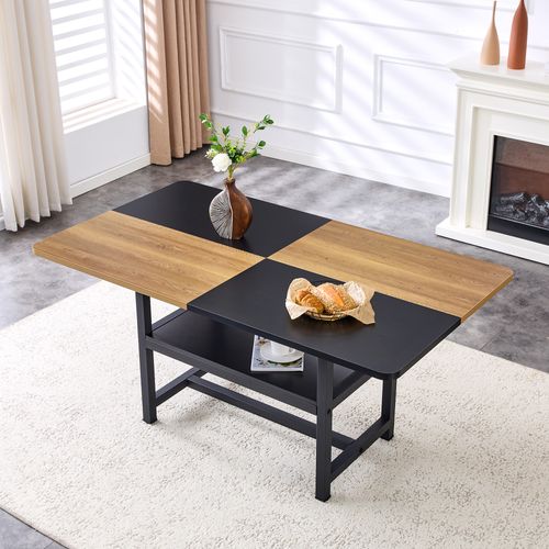 Table à Manger Bois Et Noir 160x90 Cm Pour 4-6 Personnes, Pieds Métal, Avec Étagère Intégrée